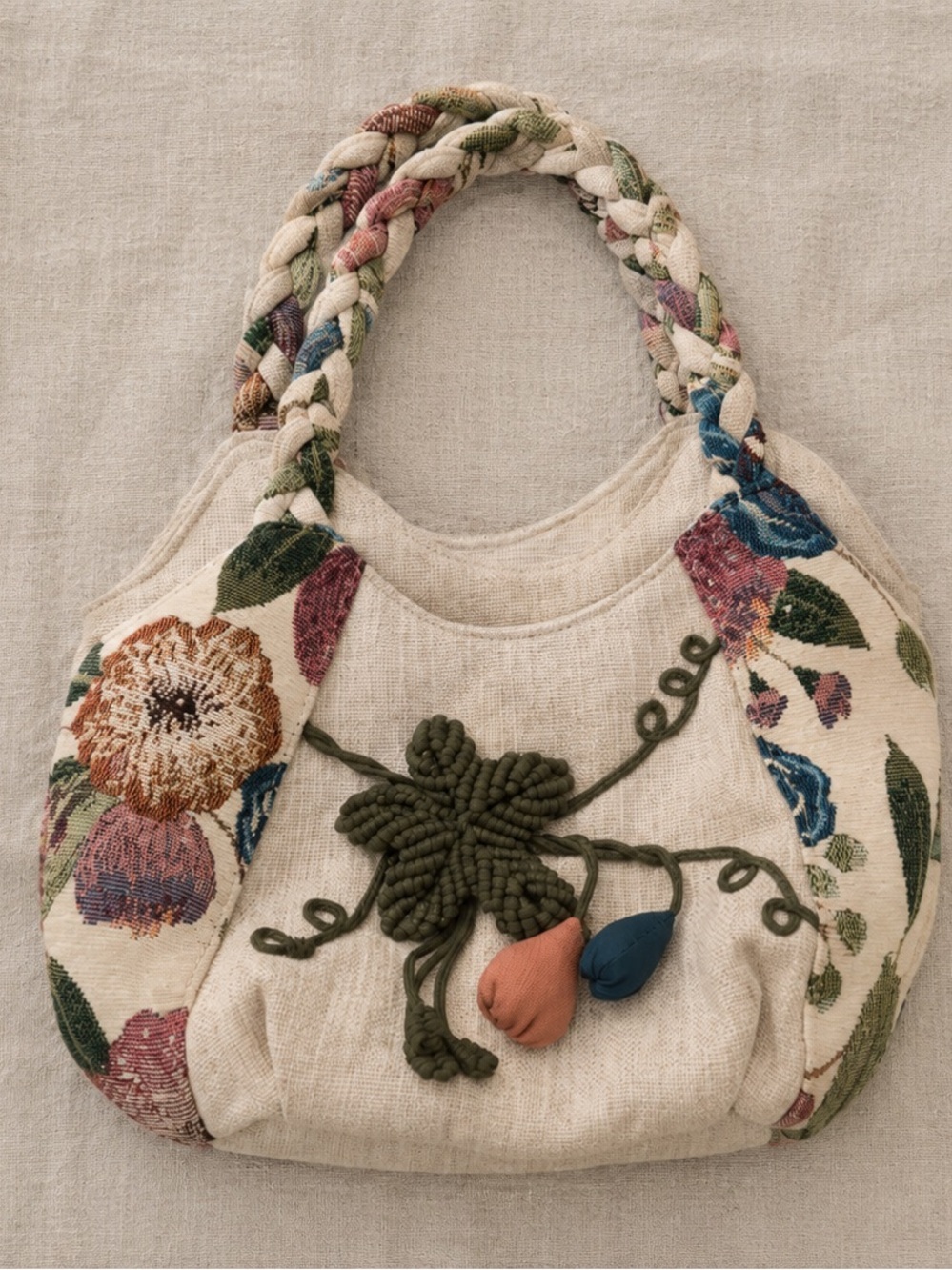 Boho Floral Woven Tapestry Handbag Braided Handle Shoulder Bag
